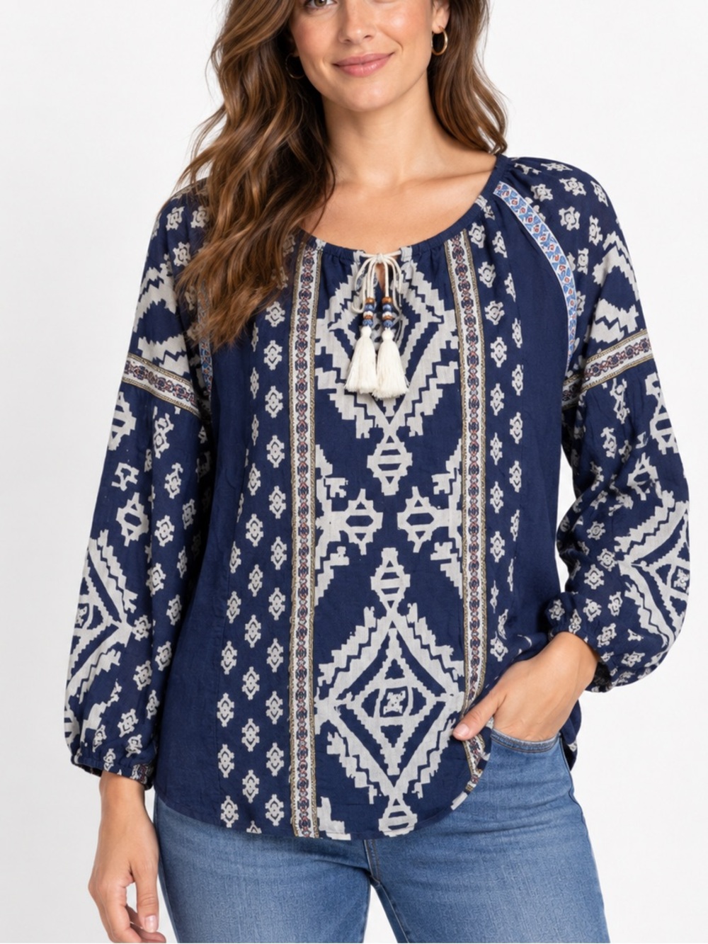 Tory Burch Candice Navy White Tassel Split Neck Printed Cotton Top xs
